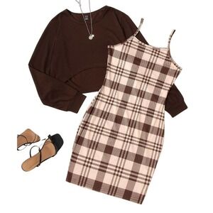 SHEIN High Low Hem Tee & Plaid Cami Dress in Brown, Size S​​​​​​